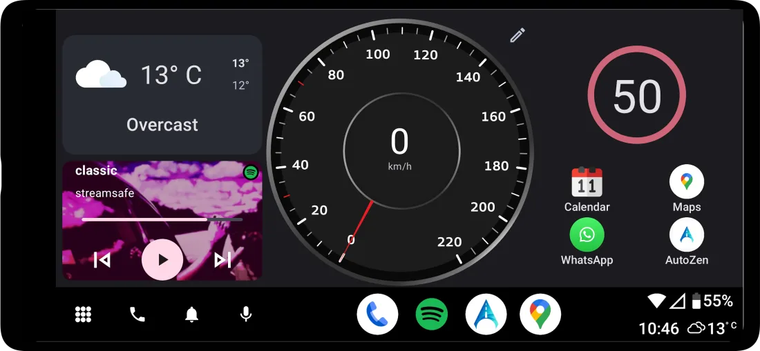 AutoZen launcher mode: weather, music, speedometer, speed limit and app shortcuts on one dashboard